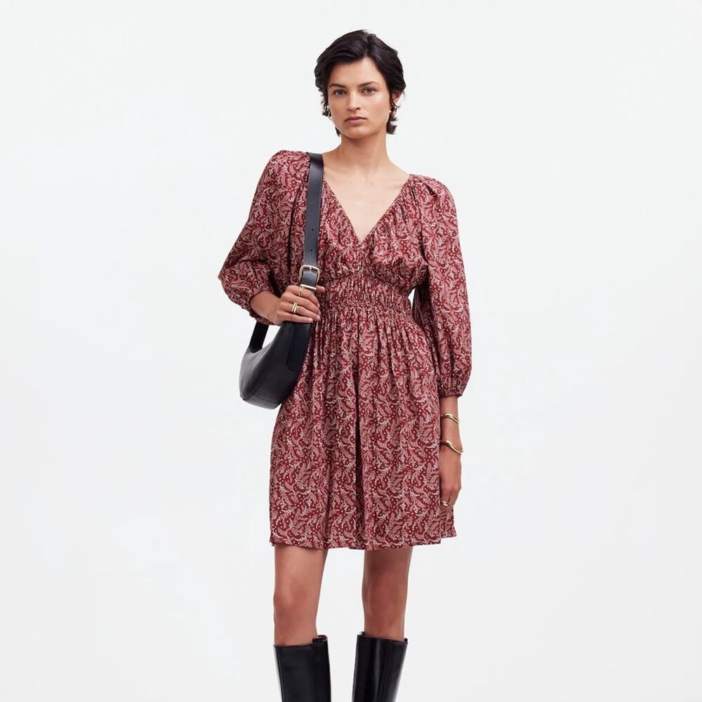 Madewell Puff-Sleeve V-Neck Mini Dress Red Paisley Floral Print Size 10